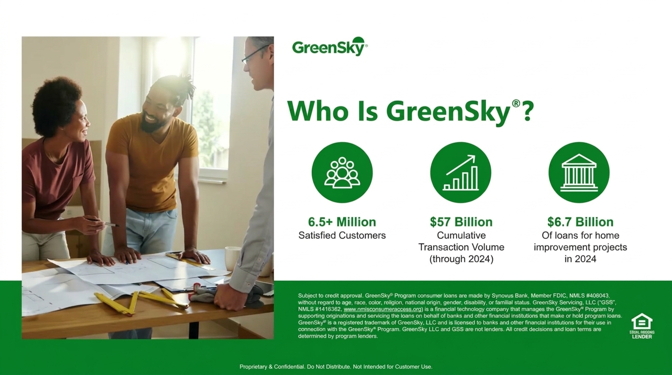GreenSky Financing Training Discover how contractors use GreenSky® to close more sales, increase customer buying power, and get paid faster with trusted home improvement financing through the GreenSky Loan Program.
